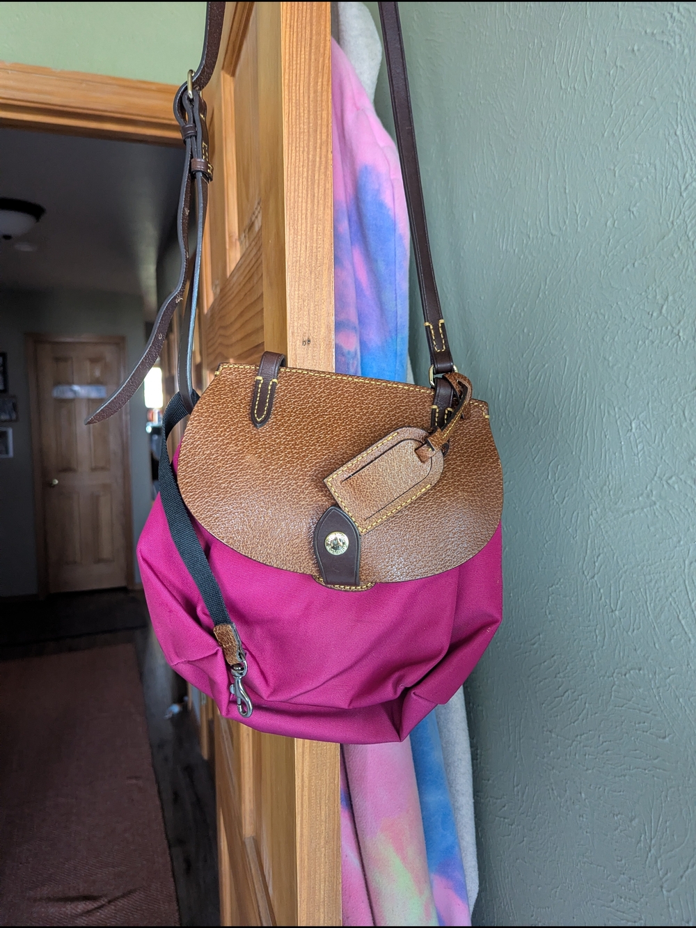 Dooney and Bourke Magenta Crossbody Bag with Brown Trim
